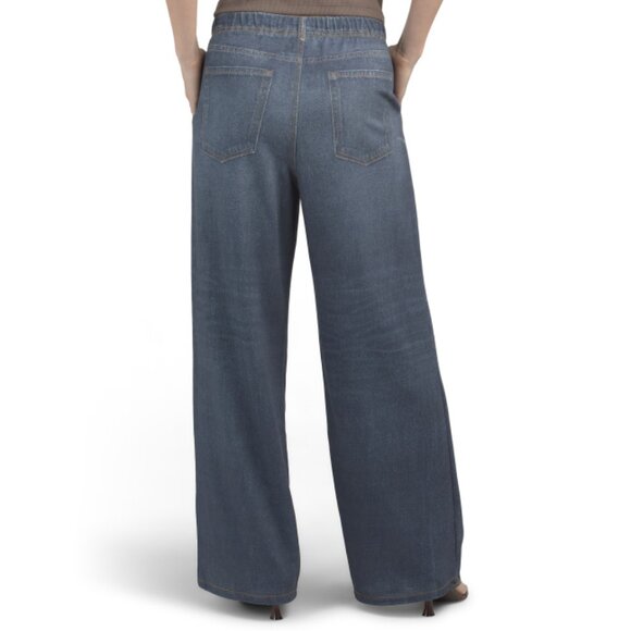 ECRU Dark Indigo Denim Look Knit Pull On Wide Leg Pants - Picture 2 of 2